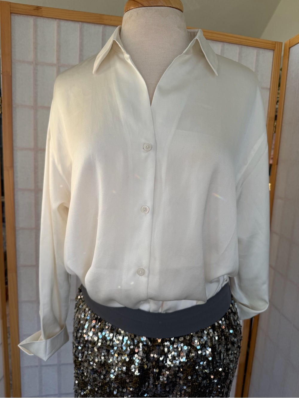 Uniqlo Ivory Button-Down Satin Shirt NWOT